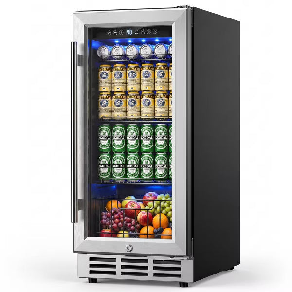 EUHOMY 180 Can Beverage Refrigerator- 24 Inch Built-In Cooler with Fruit Drawer- Silver