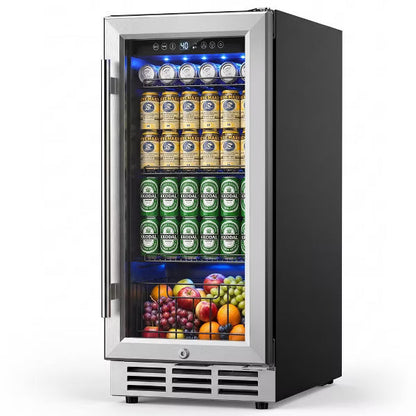 EUHOMY 180 Can Beverage Refrigerator- 24 Inch Built-In Cooler with Fruit Drawer- Silver