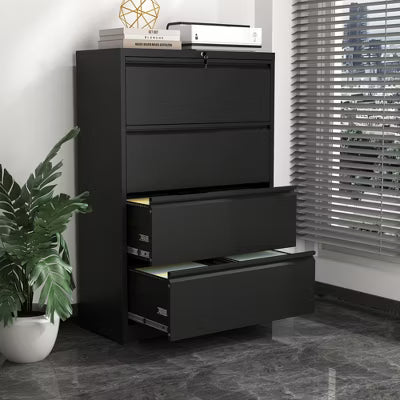 Munora - 4-Drawer Lateral File Cabinet with Lock - Wide Storage for Letter/Legal/A4 Files - Black