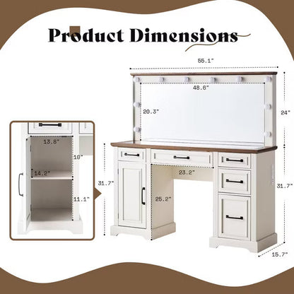 AMERLIFE 55" W Makeup Vanity with Hollywood Mirror, Glass Top Vanity with 5 Drawers