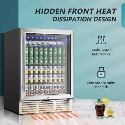 EUHOMY 180 Can- 5.05 Cu.Ft Glass Door Mini Fridge with LED Light & Adjustable Shelves- Silver