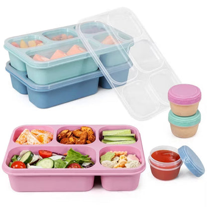 BRINJOY 5-Compartment Snack & Lunch Containers, 3-Pack 1300ml with 3 Sauce Containers, Wheat Straw Dishwasher Safe for Work School