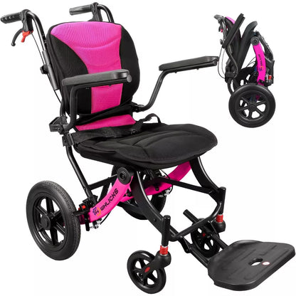 WHLICKS Lightweight Transport Wheelchair for Adults, Foldable Travel Chair with 16.5-Inch Seat, 12-Inch Rear Wheels, Removable Cushions - Rose Red
