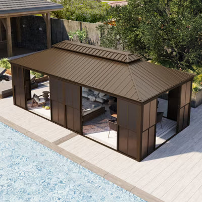 EROMMY 12' 28' Sunroom Patio Hardtop Gazebo, Double Top Galvanized Steel Roof Aluminum Solarium