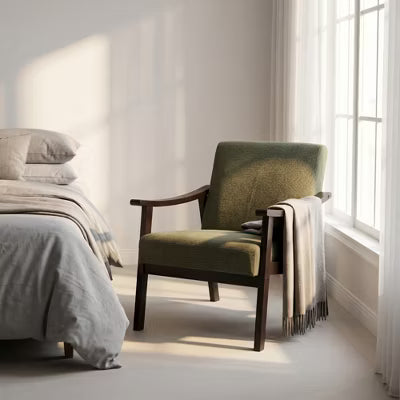 Mid-Century Modern Fabric Accent Chair, Solid Wood Frame Upholstered Reading Armchair for Living Room & Bedroom, Vintage Moss Green