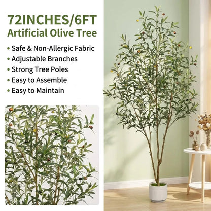6FT Artificial Olive Tree Indoor Tall Faux with Planter & Basket Large Fake Olive Trees Realistic Olive Plants with Branches and Fruits for Decor Home