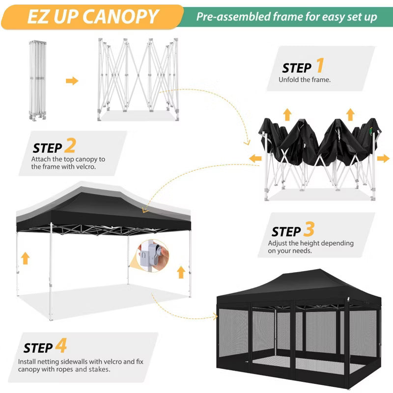 COBIZI 10x15FT Canopy Tent with 4 Sidewalls Heavy Duty Pop up Canopy with Mosquito Netting Black