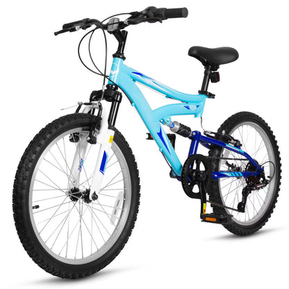 Hykolity Kids Mountain Bike 24 inch MTB Bicycle Age 8-14 Years Height 56-66 in Tween Cycling Full Suspension Sport Outdoor Bikes - Blue