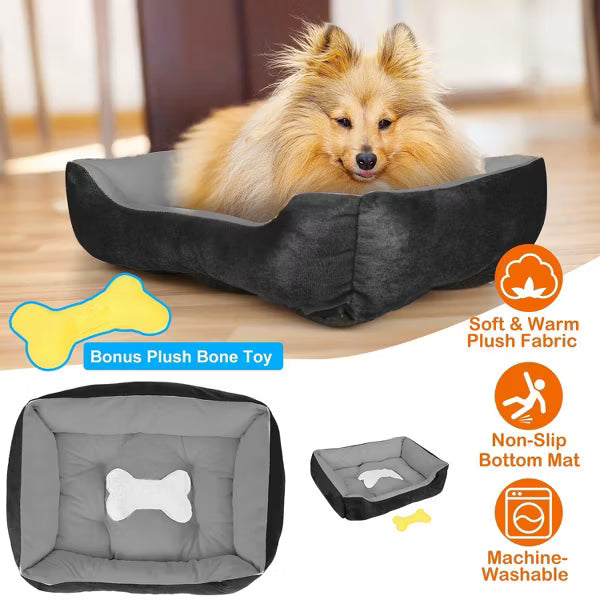 Cozy Plush Pet Bed with Non-Slip Base and Bonus Bone Toy, Soft Warm Sleeping Nest for Dogs and Cats to Curl Up and Relax - Black
