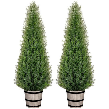 4 ft 2 Pack Artificial Cedar Tree with Planter Faux Topiary Cedar Plants Realistic Potted Plants for Home Porch Office Decor Faux Pine Tree