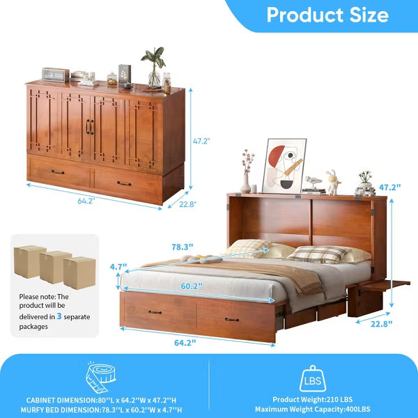 Mjkone Space-Saving Murphy Bed Cabinet with Built-In Charging Station, Convertible Bed with Large Drawers & Mattress Excluded