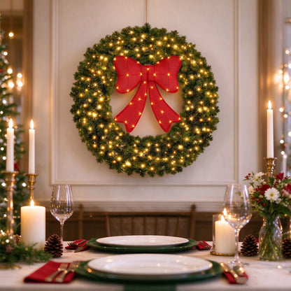 LauKingdom 48 Inch Oversized Pre-Lit Christmas Wreath, Full Green Pine with Warm White LED Lights and Lighted Red Bow for Large Front Door Decor