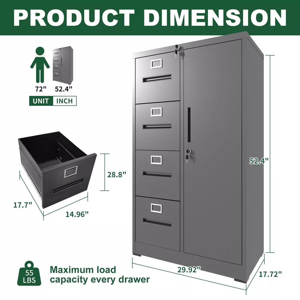 VIYET Metal Vertical File Cabinet with Lock, 4 Drawer Steel Filing Cabinet with Storage Door for Letter/Legal Files