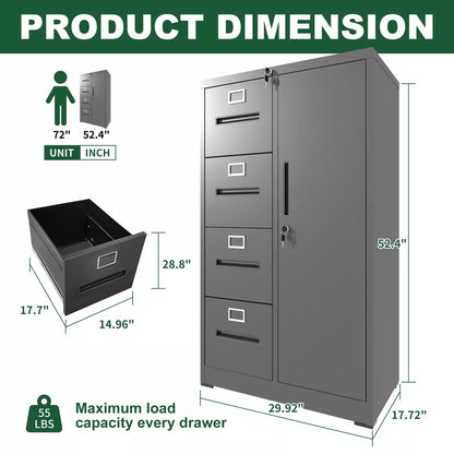 VIYET Metal Vertical File Cabinet with Lock, 4 Drawer Steel Filing Cabinet with Storage Door for Letter/Legal Files