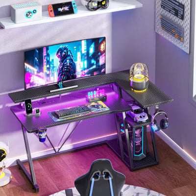 Qwatto 40'' Black Gaming Desk Small Space L Shaped Computer Table with Monitor Stand 3 Tier Storage Shelves Carbon Fiber Gamer