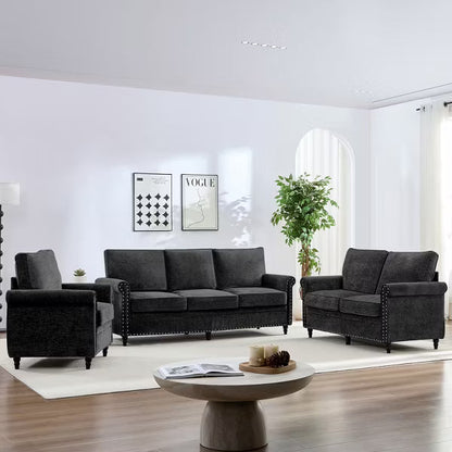 Mjkone 3 Piece Chenille Living Room Sofa Set,Modern 3-Seater Sofa Couch&Loveseat Sofa&Single Sofa Armchair Set,Riveted Look,Black