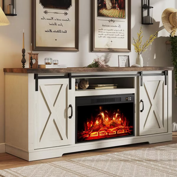 AMERLIFE Fireplace TV Stand with Sliding Barn Door for TVs up to 65", Distressed White & Barnwood