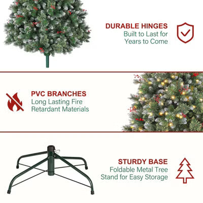 VIVATREES 6 Ft Prelit Snow Flocked Christmas Tree with Red Berries Partially Frosted Xmas Pine Tree 956 PVC Branch Tips 250 Warm White Lights