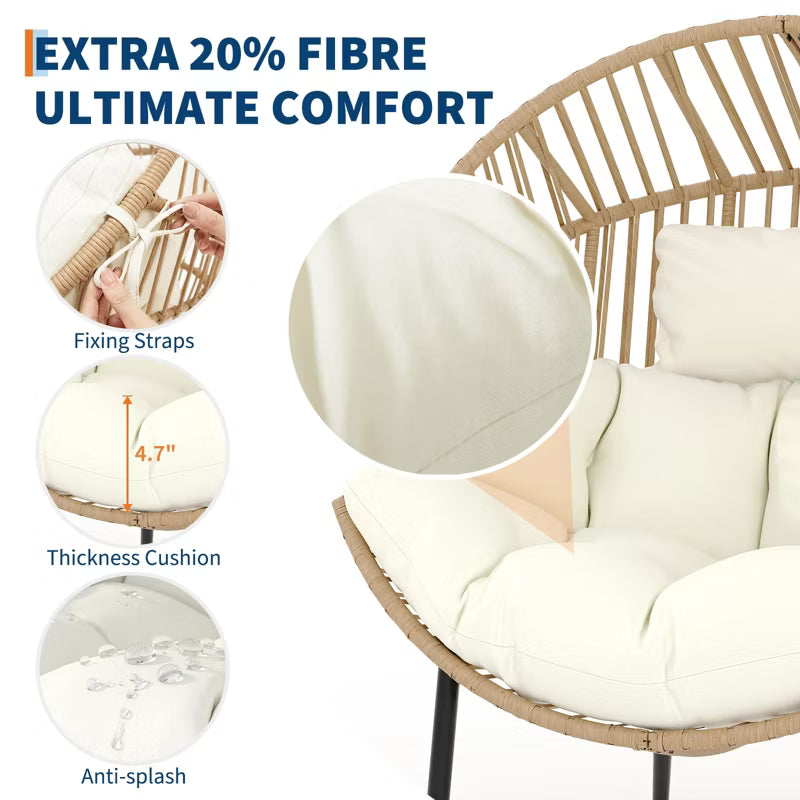 Oversized Wicker Egg Chair, Papasan Chairs with Extra-Soft Pillow & Thick Cushion for Indoor/Outdoor, Living Room, Backyard