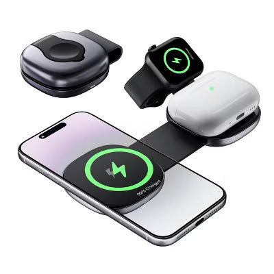 3-in-1 Foldable Magnetic Charger Fast Charging Station with Independent Coils, Strong Magnetic Hold for iPhone Apple Watch AirPods – Black