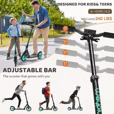 FED FITNESS Foldable Kick Scooter for Kids, Teens & Adults (Ages 6+), 240 LBS Max Load, 8IN Big Wheels, 4 Adjustable Heights, ABEC9 Bearings