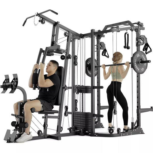 Mikolo Dual-Station Smith Machine Power Cage with 121LB Weight Stacks & Cable Crossover, All-in-One Home Gym Functional Trainer