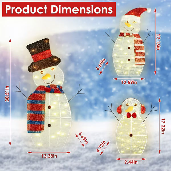 3Pcs 2D Christmas Snowman Yard Decoration Snowman Family Outdoor Decoration With 60Pcs LED Warm Yellow Lights IP44 Waterproof For Christmas Indoor