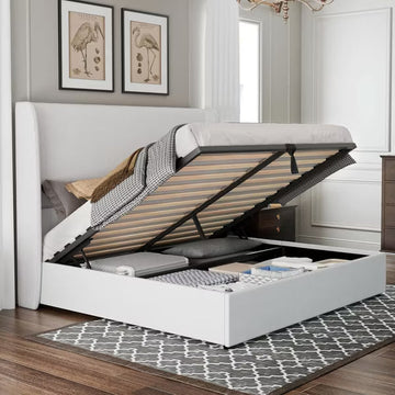 King Bed Frame with Lift Up Storage,Linen Upholstered Platform Bed,Wingback Headboard,White
