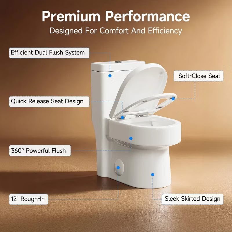 KOLIGEY Compact One Piece Toilet With Soft-Close Seat Lid, High-Efficiency 1.2/1.8 GPF Dual Flush, Dirt-Resistant Glazed, Space-Saving Design