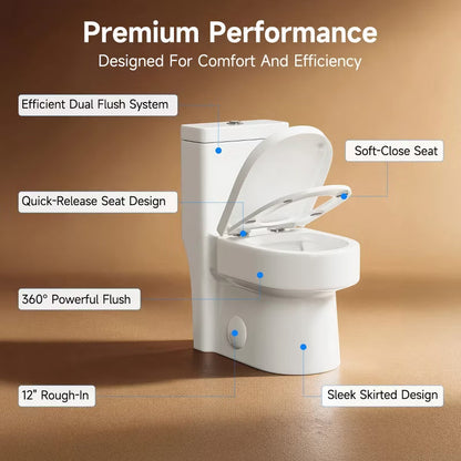 KOLIGEY Compact One Piece Toilet With Soft-Close Seat Lid, High-Efficiency 1.2/1.8 GPF Dual Flush, Dirt-Resistant Glazed, Space-Saving Design