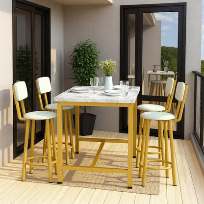 Hooseng Modern Farmhouse Style 5 Piece Dining Table Set with MDF Top, Metal Frame and Upholstered Bar Stools, 4-Person Dining Room Table Set for 2