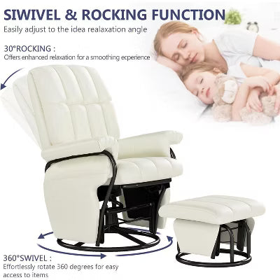 White Swivel Rocking Glider Chair with Ottoman, Water-proof Faux Leather Ergonomic Nursing Glider for Nursery and Bedroom