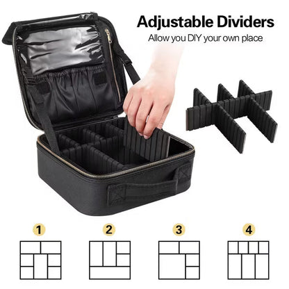 Travel Makeup Bag Organizer With Adjustable Dividers，Waterproof Shockproof Handbag, Black