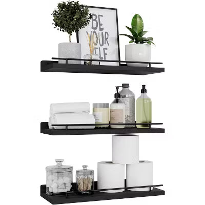 Floating Shelves with Black Metal Guardrail (Set of 3), Wall Storage Decor for Bedroom Kitchen Bathroom