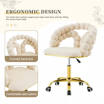 Modern Velvet Adjustable Swivel Office Chair with Bubble Back, Padded Vanity Chair with Gold Metal Base, for Office, Bedroom, Makeup Room, Beige