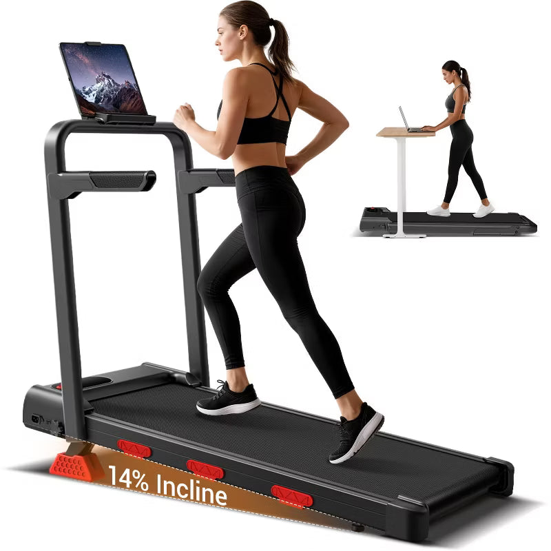 KikiBriz 14% Incline Walking Pad with Handle Bar, Foldable Under Desk Treadmill, 2.5HP Quiet Brushless Motor, LED Display, Remote Control, 300 LBS