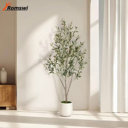 Romswi Faux Olive Tree with Oval White Planter, 5 FT Tall Faux Olive Trees, with Natural Wood Trunk Lifelike Fruits, Fake Greenry Plant for Home Decor