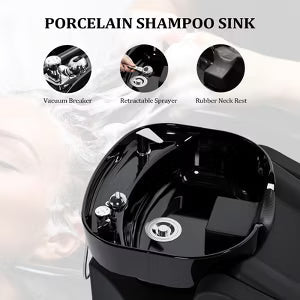 Karl Home Black Salon Shampoo Bowl and Chair Backwash Unit with Extra Large Ceramic Bowl