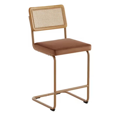Hyleory Sled Base Counter Stool with Faux Rattan Back, 26" Seat Height, Solid Wood Frame & Stainless Steel Base