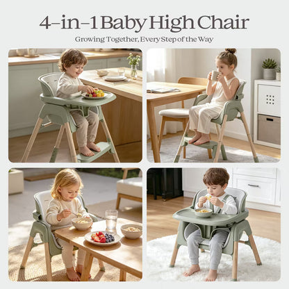 AmourLil 4-in-1 Convertible High Chair for Babies & Toddlers, Adjustable Height with Dishwasher-Safe Tray, Easy-Clean Design, Beige (Green)