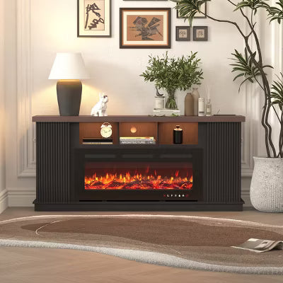 EROMMY 70" Fireplace Tv Stand For Tvs Up To 75", 2 Door Main Cabinet With Led Light Bar, Tv Cabinet With Electric Fireplace