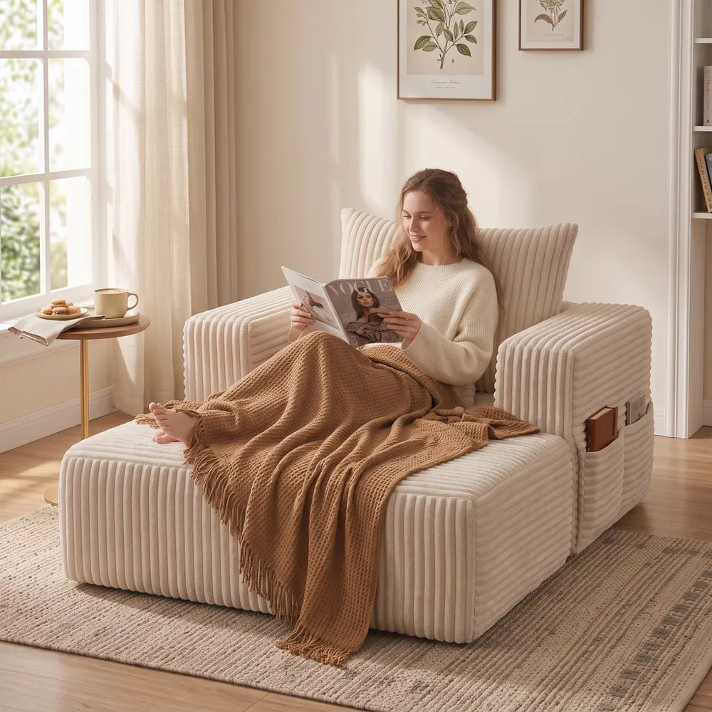 62.4 Inch Modular Sofa Single Seater Corduroy Lounge Chair with Storage Pouch Removable Arms Backrest and Throw Pillow for Living Room Apartment