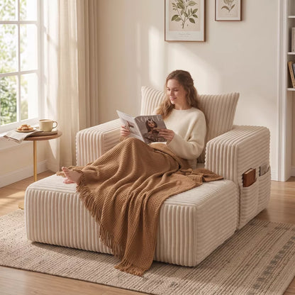 62.4 Inch Modular Sofa Single Seater Corduroy Lounge Chair with Storage Pouch Removable Arms Backrest and Throw Pillow for Living Room Apartment