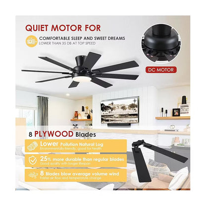 52 Inches Low Profile 8 Blades Modern Quiet Ceiling Fan with Light and Remote APP Control