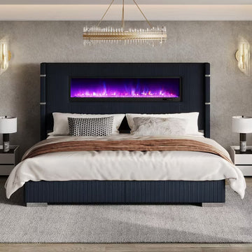 AMERLIFE Modern Bed Frame with Fireplace, Wingback Platform Bed Frame with 60.4“ Extra Tall Headboard, Beige