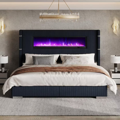 AMERLIFE Modern Bed Frame with Fireplace, Wingback Platform Bed Frame with 60.4“ Extra Tall Headboard, Beige