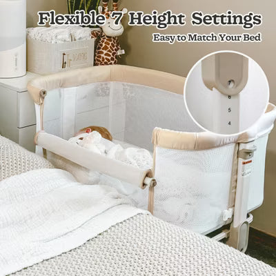Fodoss All Mesh Bedside Bassinet for Baby, Bedside Sleeper with Wheels, 7-Position Height Adjustable Infant Bassinet, Beige