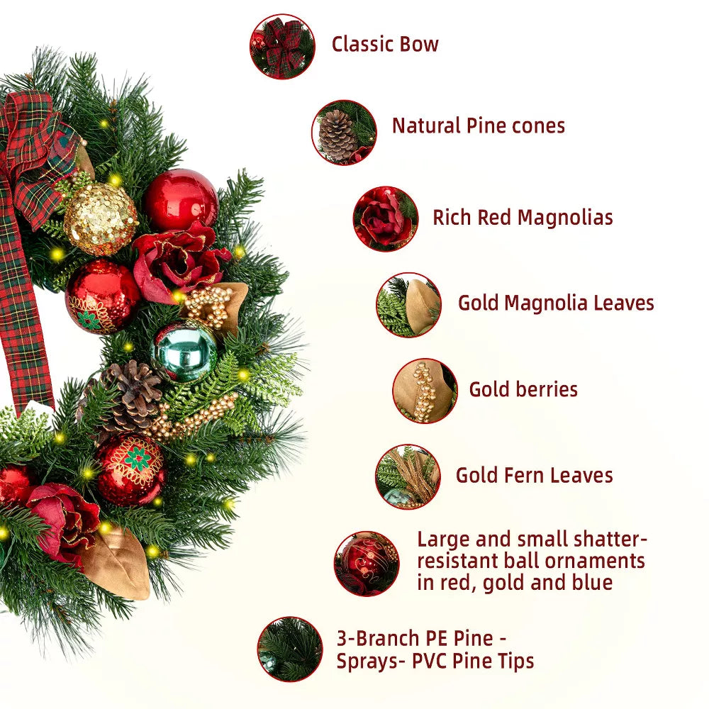 Romswi 24in Pre-Lit Artificial Christmas Wreath Realistic PE PVC Magnolia Battery-Powered Holiday Decoration with Timer LED Lights for Front Door
