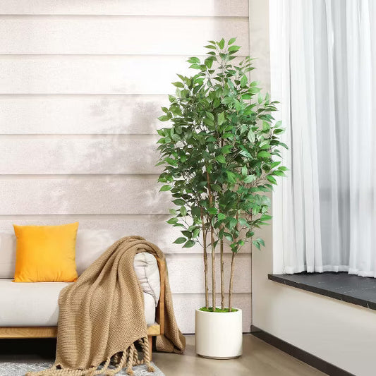 DR.Planzen 5-7FT Artificial Ficus Tree Adjustable Faux Tree with Real-Wood Branches & White Planter Indoor/Outdoor Perfect Home Decor for House Gift