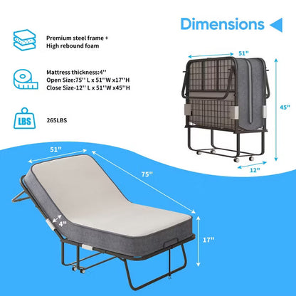 Mjkone Folding Bed with 5''Mattress,Portable Guest Bed Camping Cot,Soft Padded Rollaway Sleeping Bed-75x51''Twin